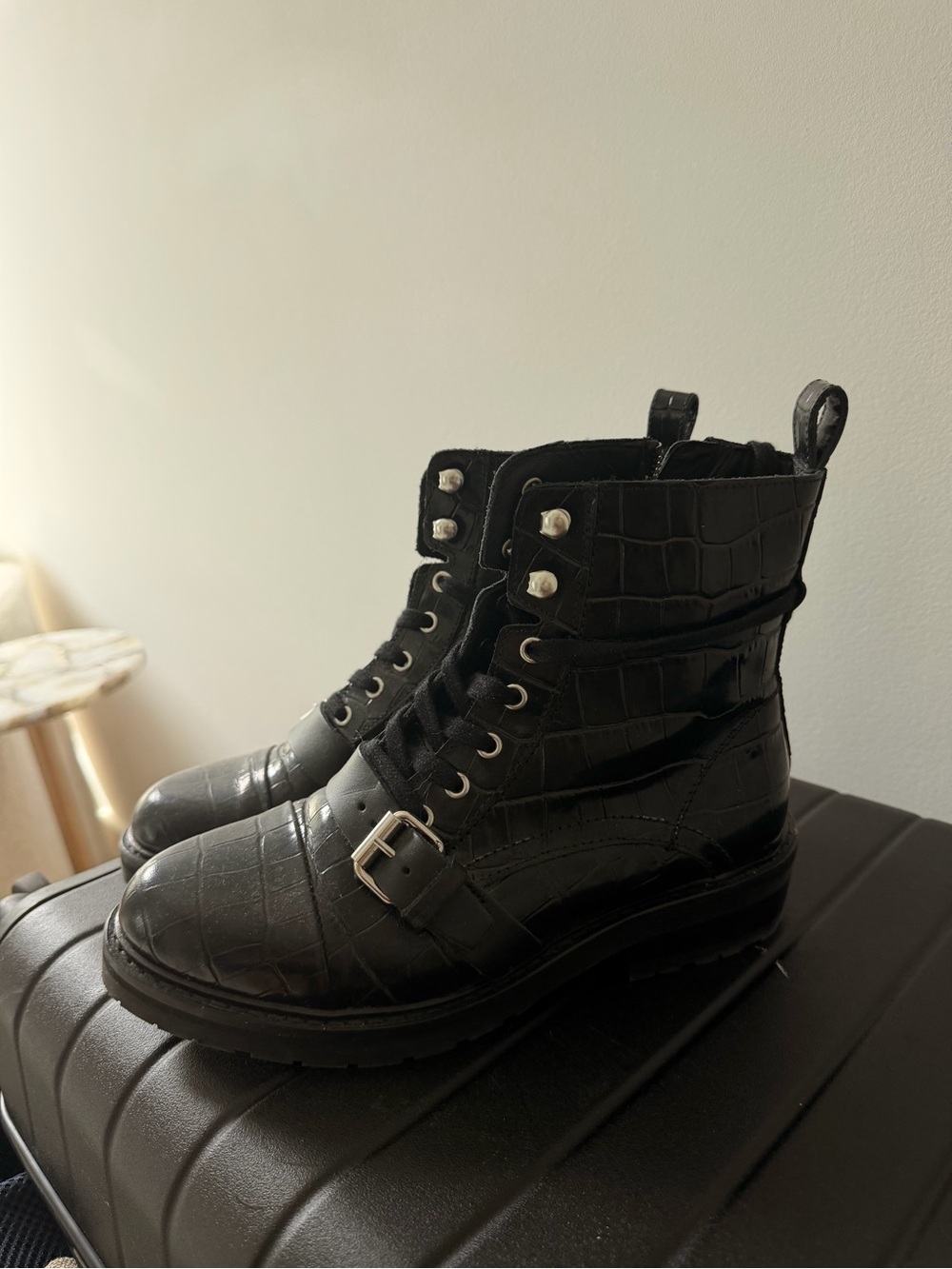 AllSaints Black Croc-Embossed Combat Boots
